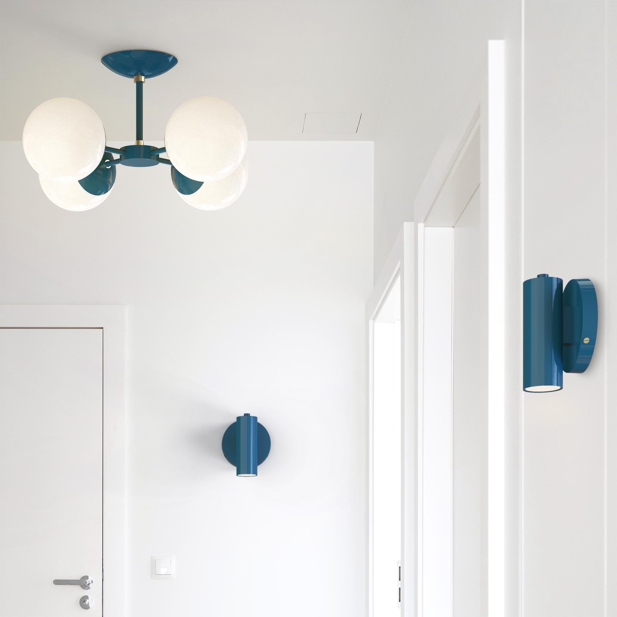 brass and slate blue color orbi flush mount hallway scene dutton brown lighting